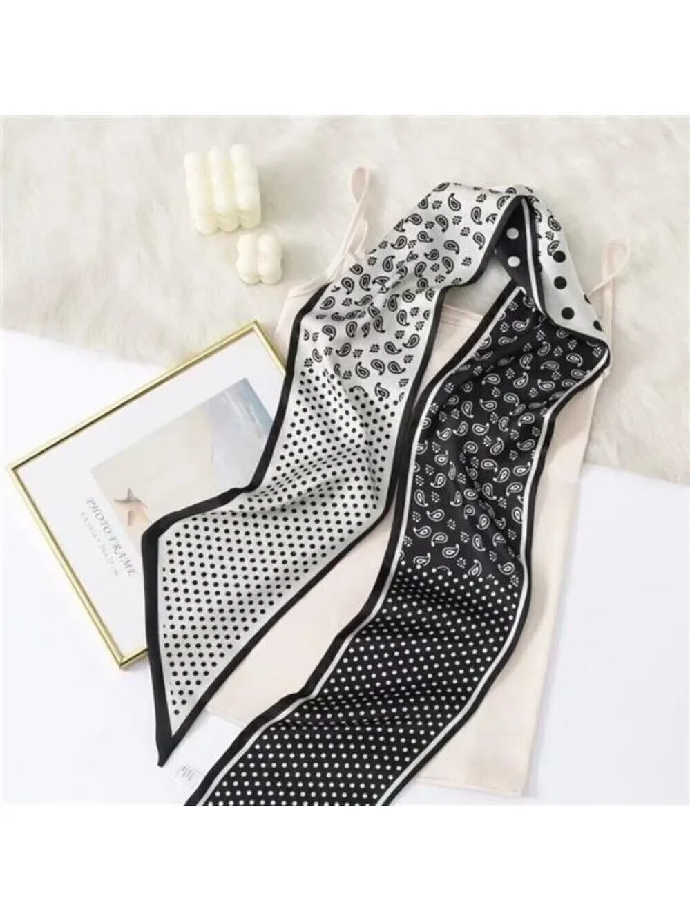 Hair Scarf Black and White Silky Long Neck Head Scarves Purse Bag Scarfs
